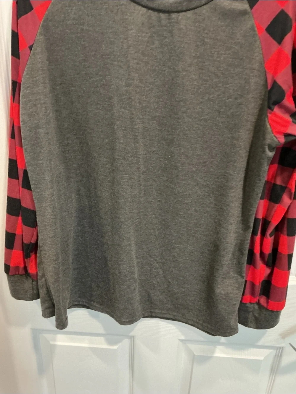 Gray Raglan Top with Red & Black Buffalo Plaid Sleeves
